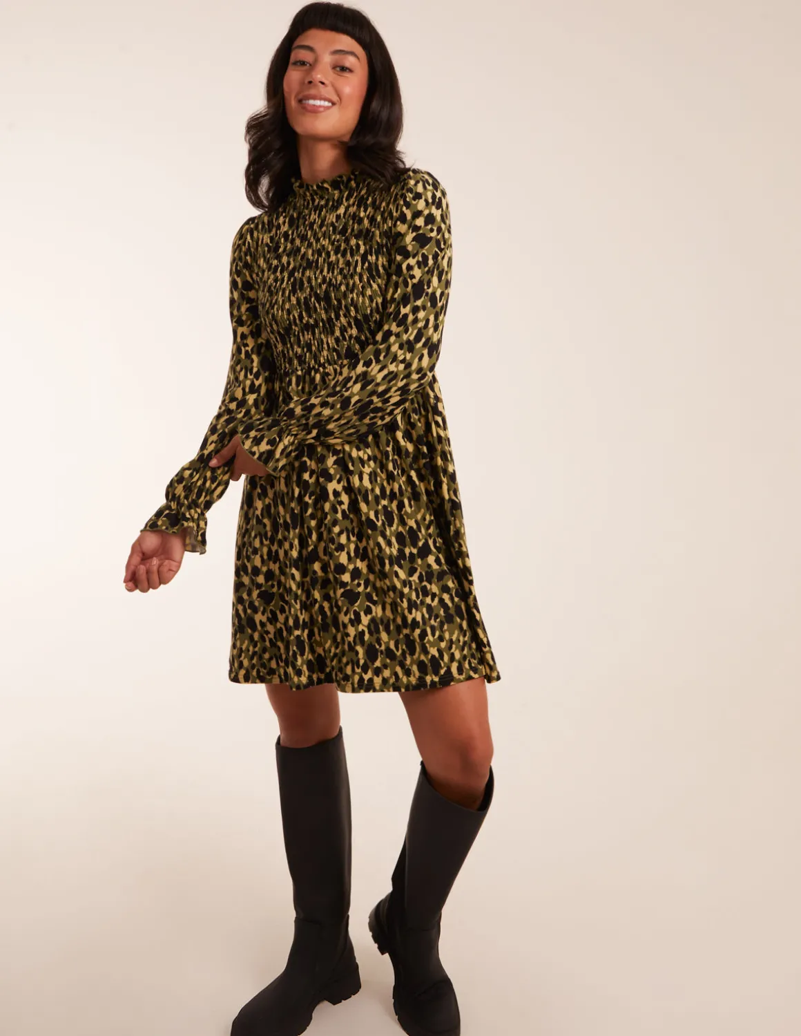 Shirred Trapeze Frill Neck And Sleeve Mini Dress