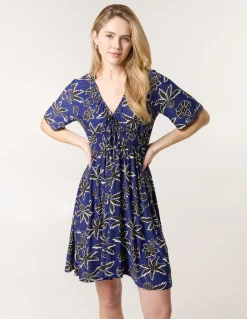 Shirred Waist Beaded V Neck Mini Dress