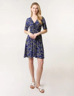Shirred Waist Beaded V Neck Mini Dress
