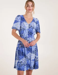 Shirred Waist Button Front Patchwork Mini Dress
