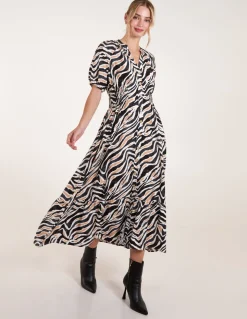 Shirred Waist Button Front Puff Sleeve Midi Dress