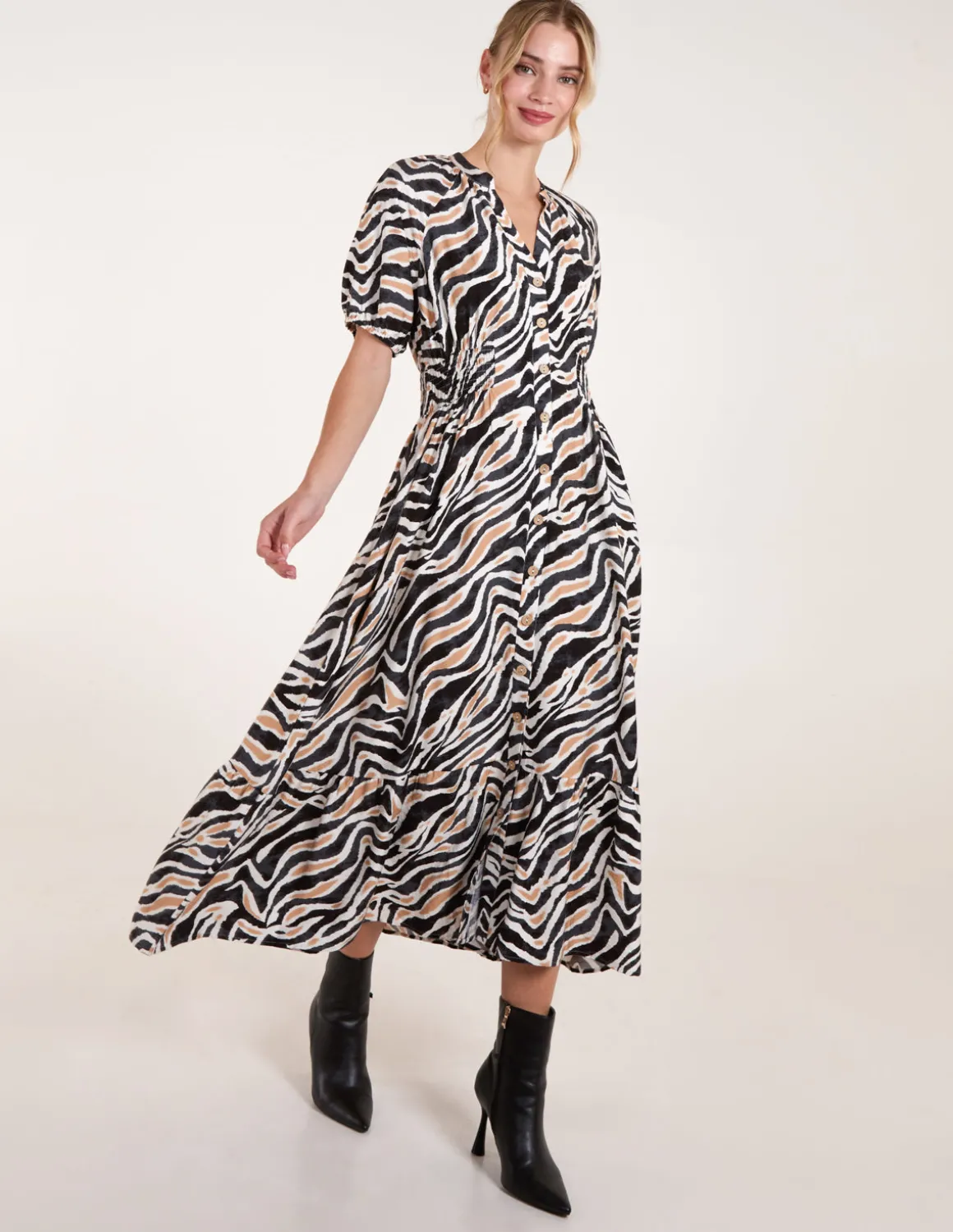 Shirred Waist Button Front Puff Sleeve Midi Dress