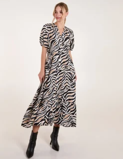 Shirred Waist Button Front Puff Sleeve Midi Dress
