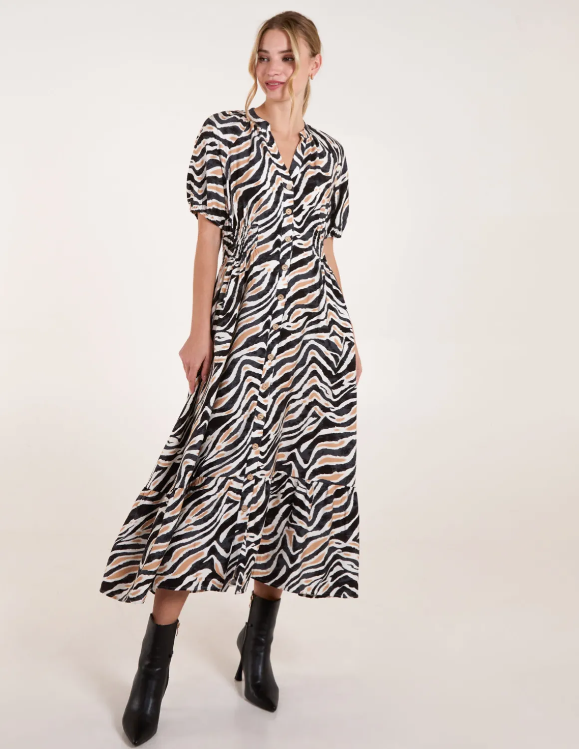Shirred Waist Button Front Puff Sleeve Midi Dress