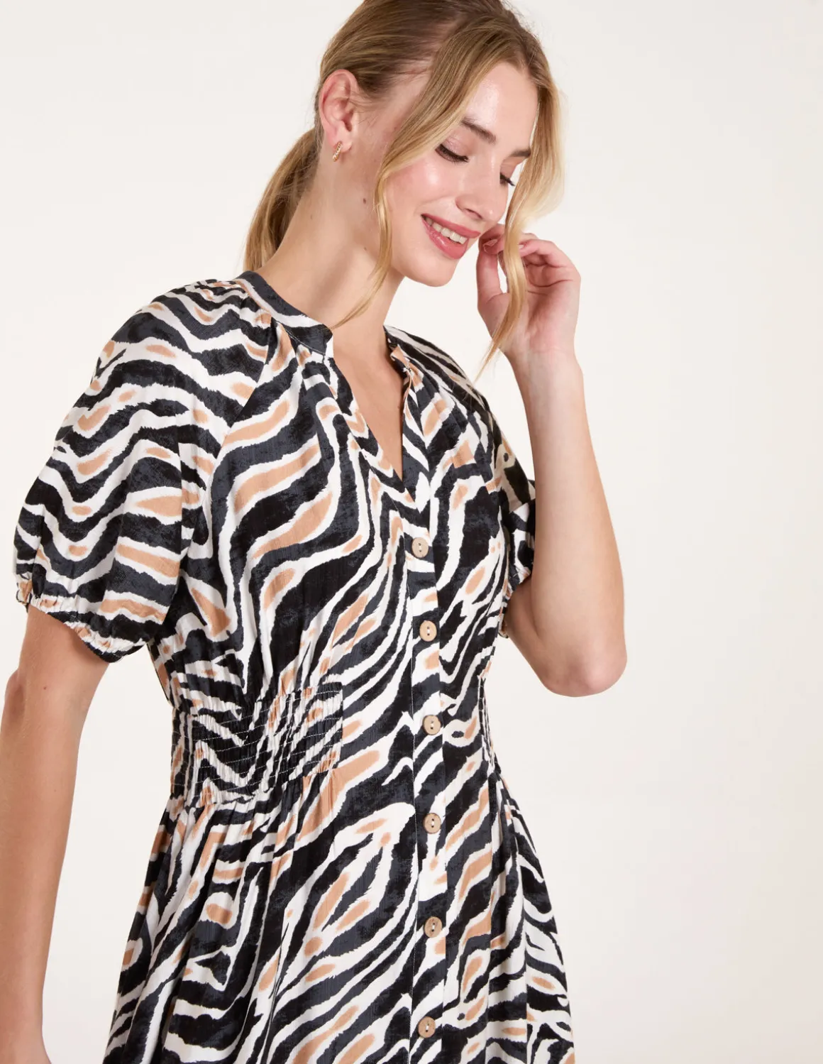 Shirred Waist Button Front Puff Sleeve Midi Dress