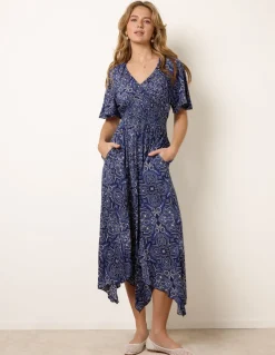 Shirred Waist Hanky Hem Paisley Print Dress