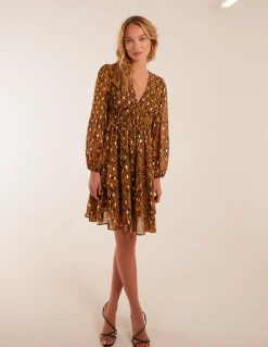 Shirred Waist Leopard Foil Wrap Front Mini Dress