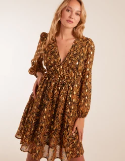 Shirred Waist Leopard Foil Wrap Front Mini Dress