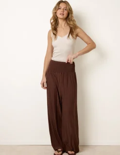 Shirred Waist Pleated Wide Leg Trousers