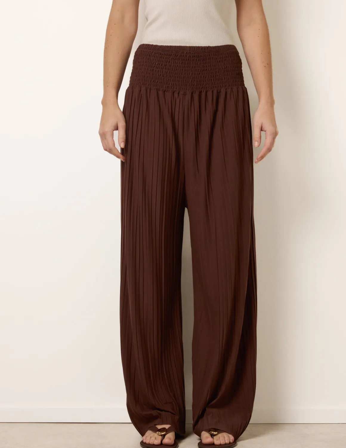 Shirred Waist Pleated Wide Leg Trousers