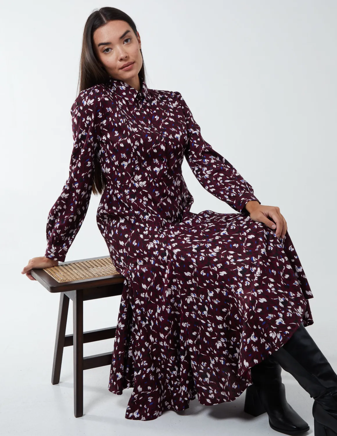 Shirt Midi Dress With Godet Hem