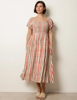 Short Sleeve Shirred Waist Abstract Print Dress