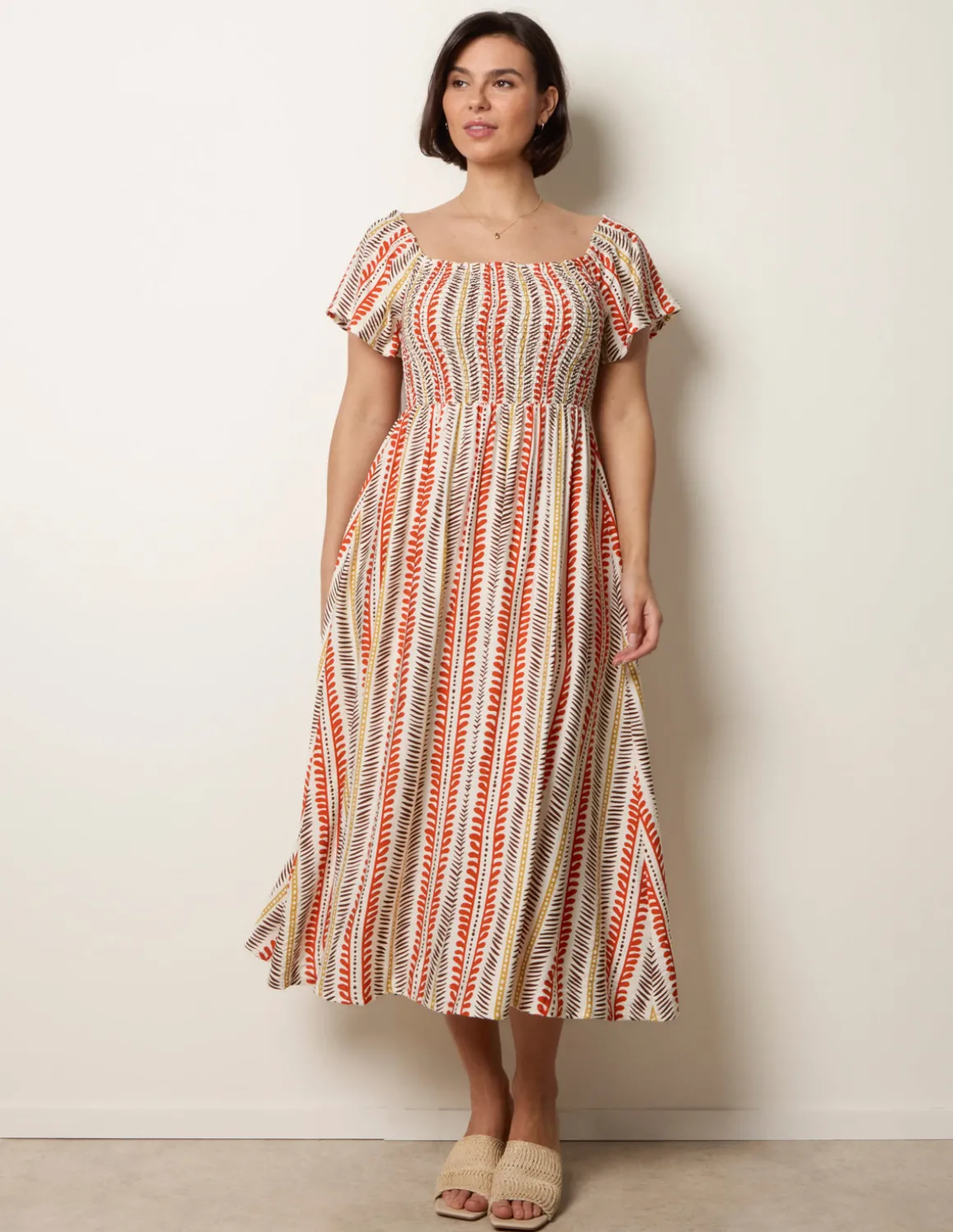Short Sleeve Shirred Waist Abstract Print Dress