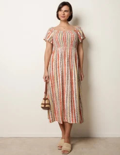 Short Sleeve Shirred Waist Abstract Print Dress