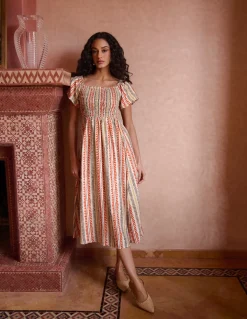 Short Sleeve Shirred Waist Abstract Print Dress