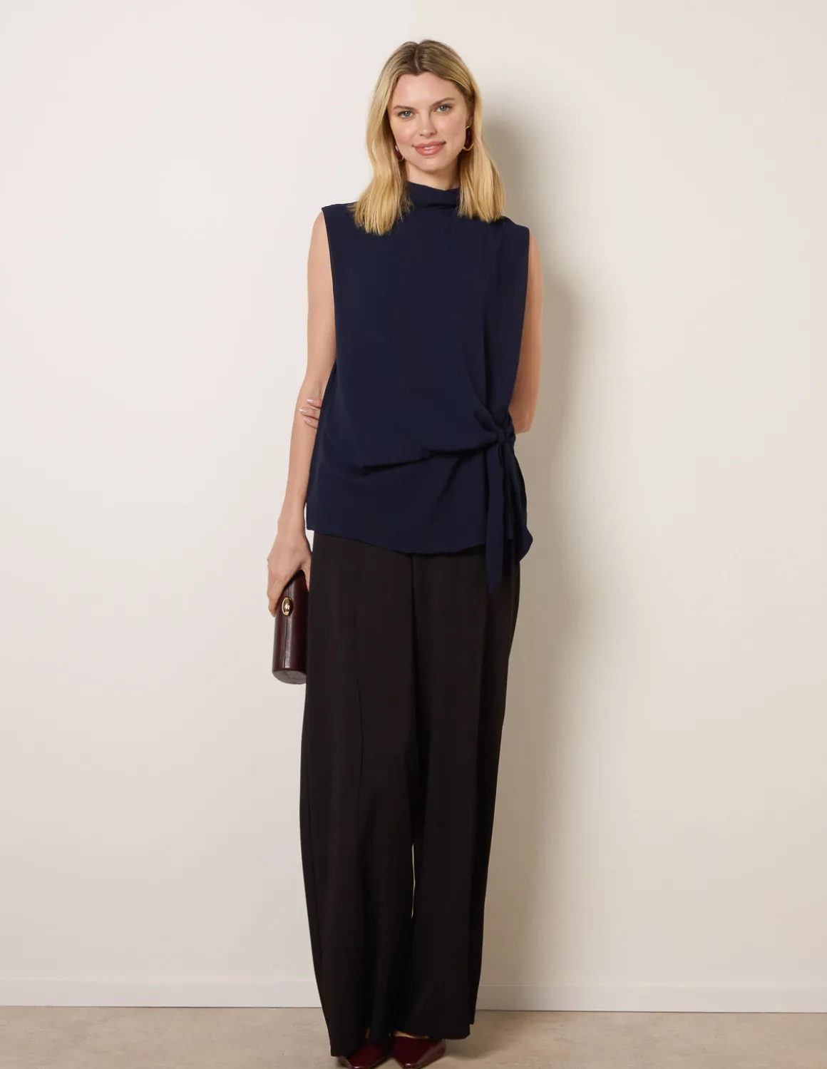 Sleeveless Cowl Tie Front Chiffon Blouse