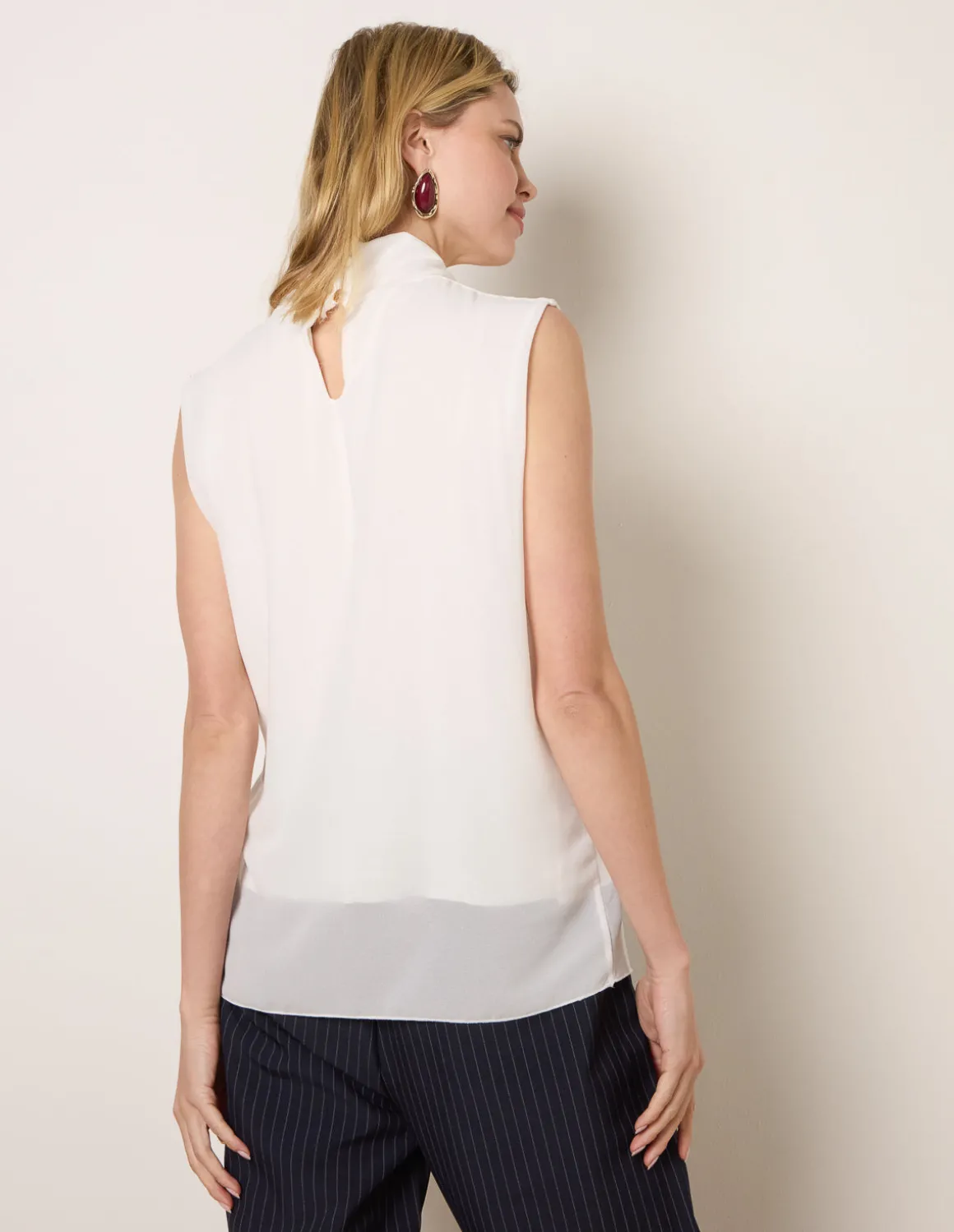 Sleeveless Cowl Tie Front Chiffon Blouse
