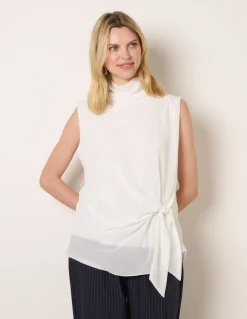 Sleeveless Cowl Tie Front Chiffon Blouse