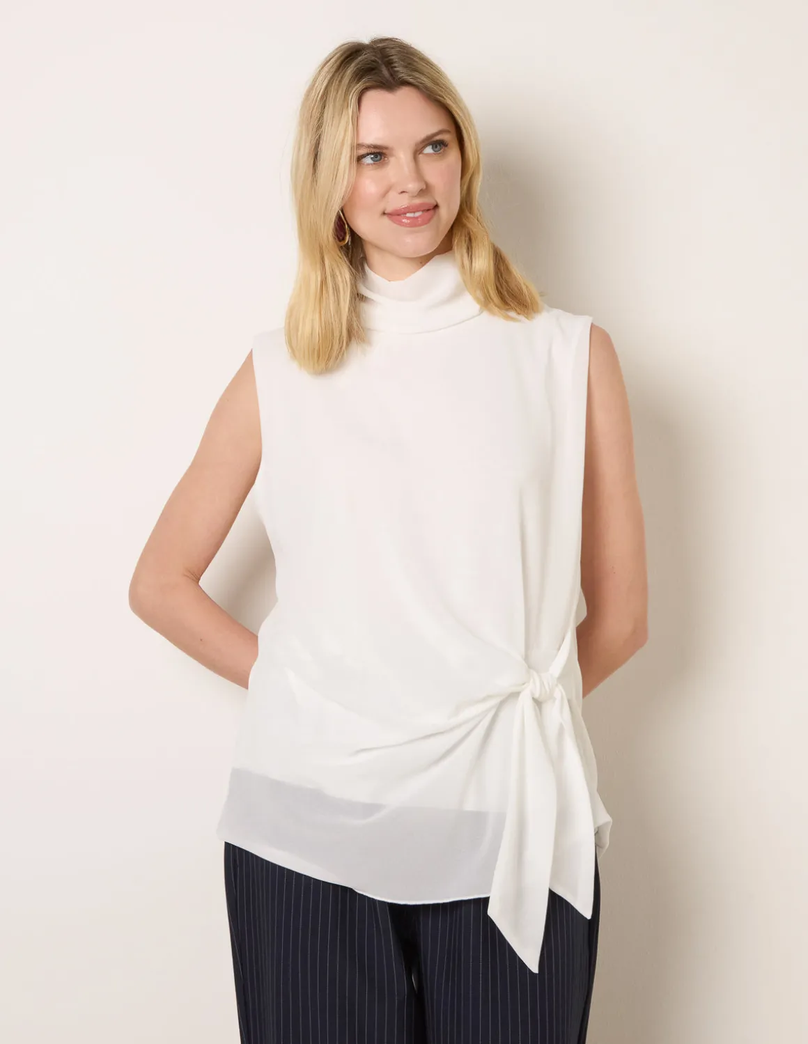 Sleeveless Cowl Tie Front Chiffon Blouse