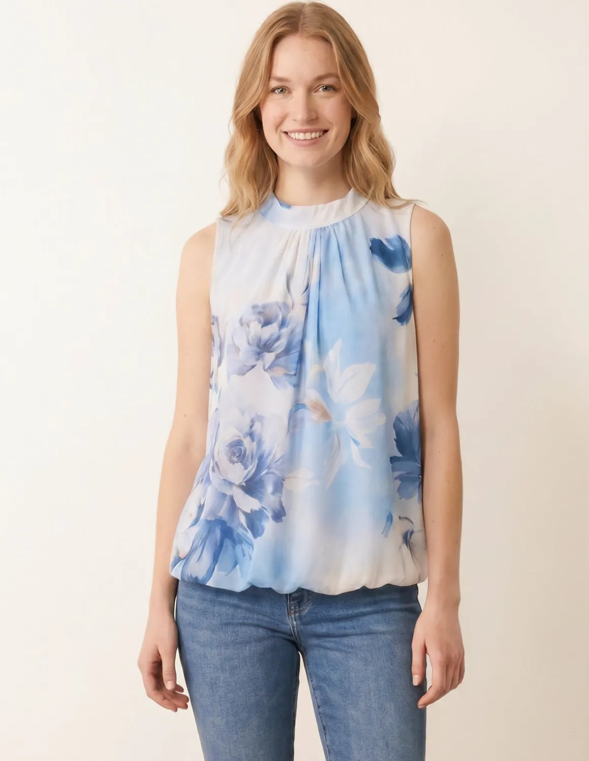 Sleeveless High Neck Puffball Blouse