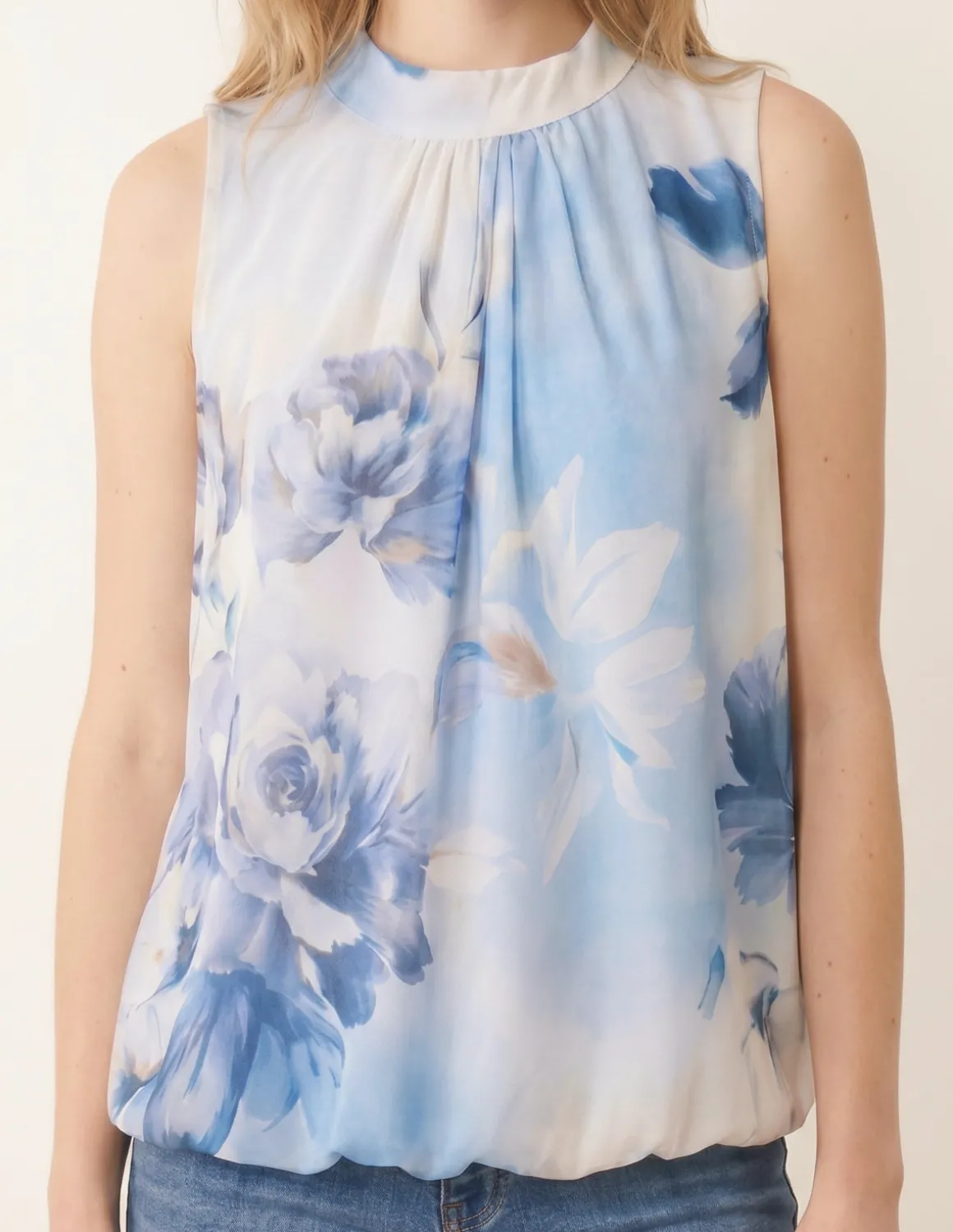 Sleeveless High Neck Puffball Blouse