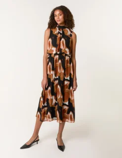 Sleeveless Puffball High Neck Printed Dress