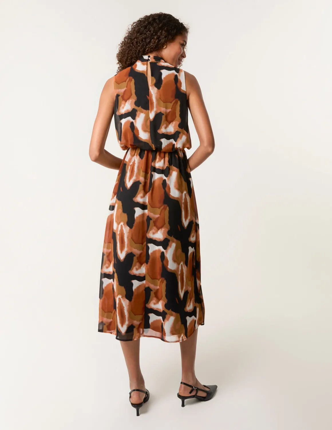 Sleeveless Puffball High Neck Printed Dress