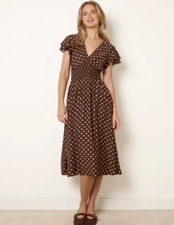 Spot Elastic Neck Midi Dress