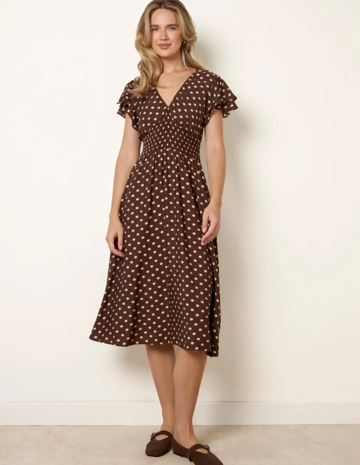 Spot Elastic Neck Midi Dress