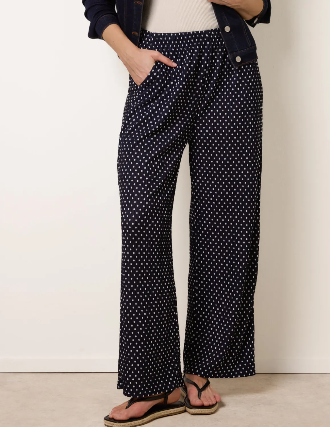 Spot Print Crinkle Wide Leg Trousers