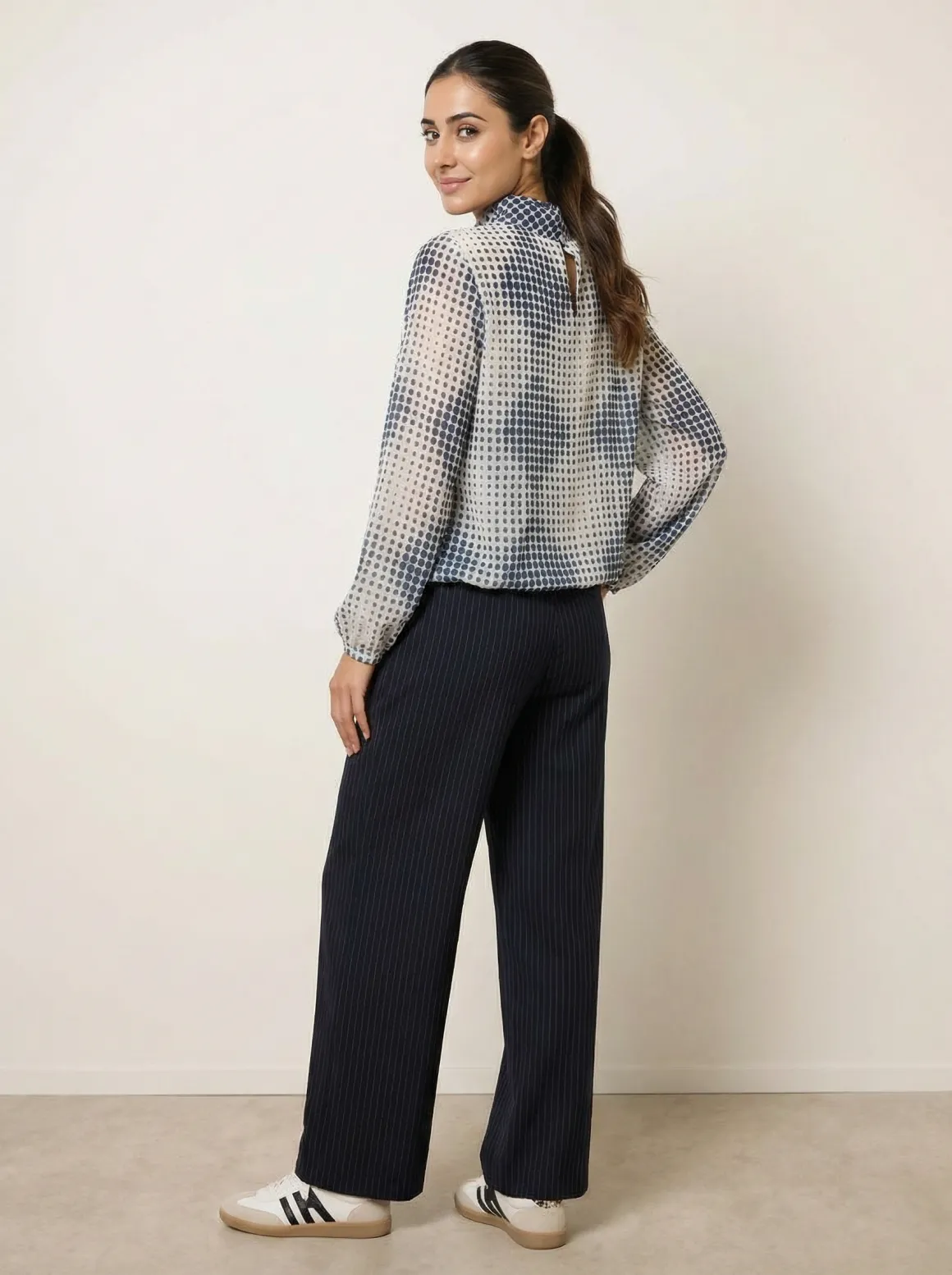 Spot Print Puffball Cowl Neck Blouse