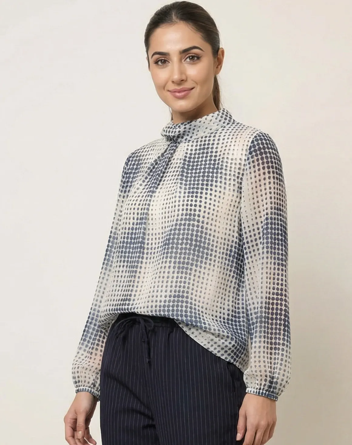 Spot Print Puffball Cowl Neck Blouse