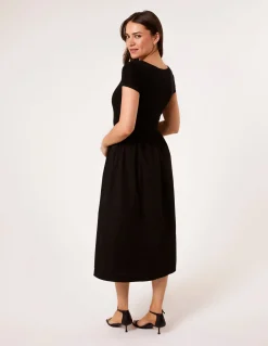 Square Neck Mix Fabric Midi Dress