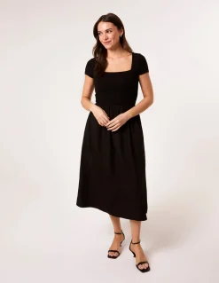 Square Neck Mix Fabric Midi Dress