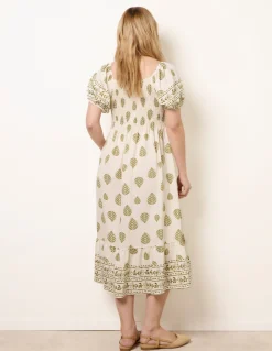Square Neck Puff Sleeve Shirred Border Midi Dress