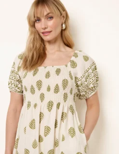 Square Neck Puff Sleeve Shirred Border Midi Dress