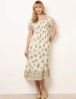 Square Neck Puff Sleeve Shirred Border Midi Dress