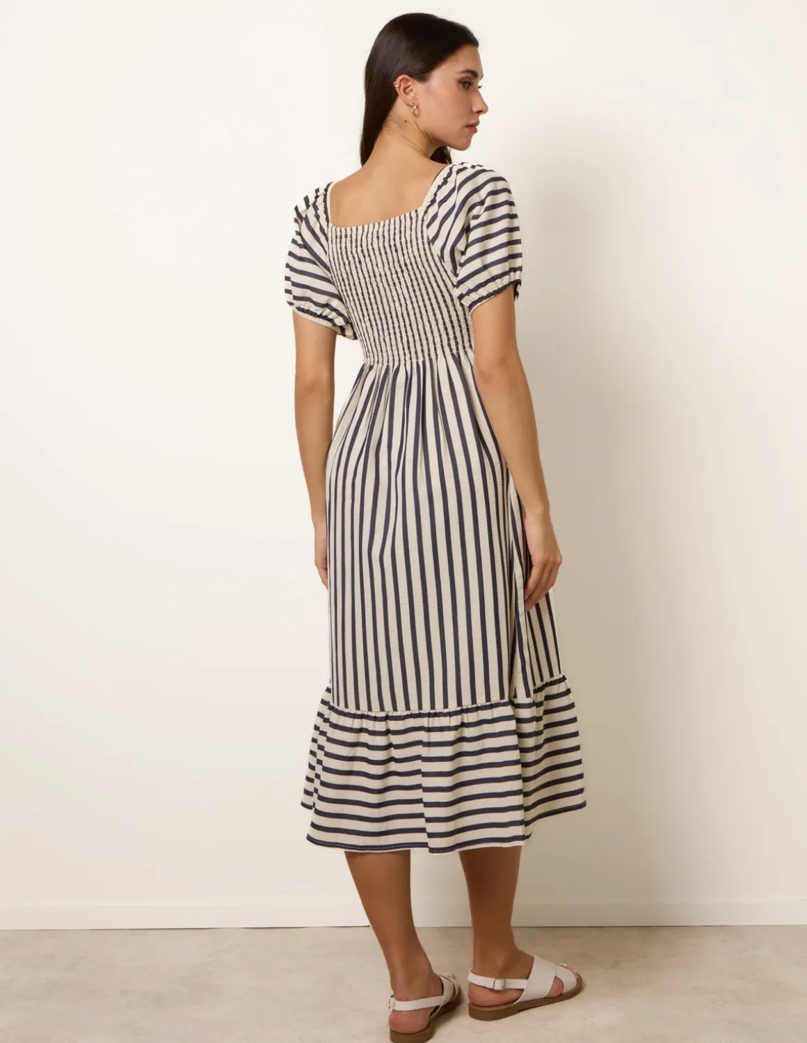 Square Neck Puff Sleeve Stripe Midi Dress