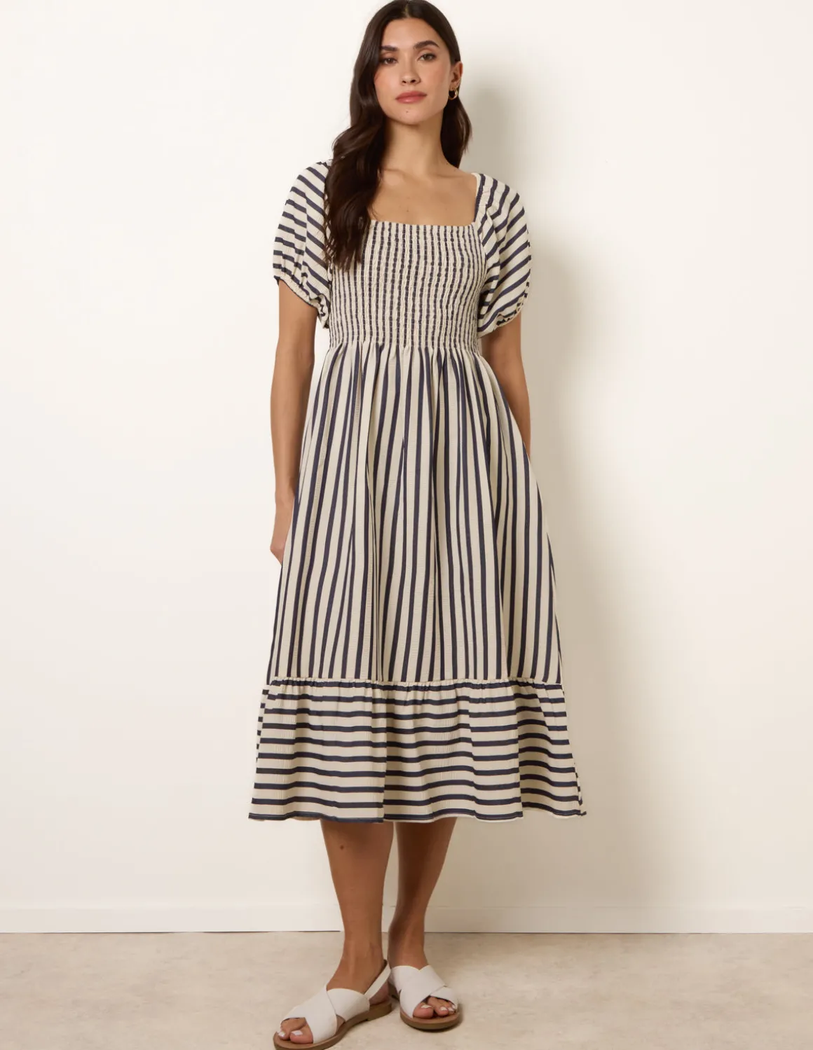 Square Neck Puff Sleeve Stripe Midi Dress
