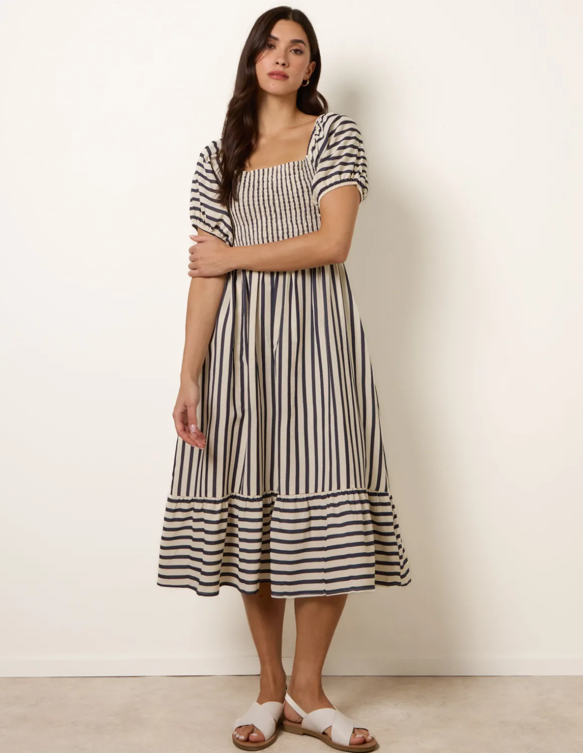 Square Neck Puff Sleeve Stripe Midi Dress