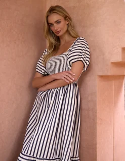 Square Neck Puff Sleeve Stripe Midi Dress