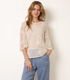 Star Fish Embroidered Butterfly Sleeve Blouse