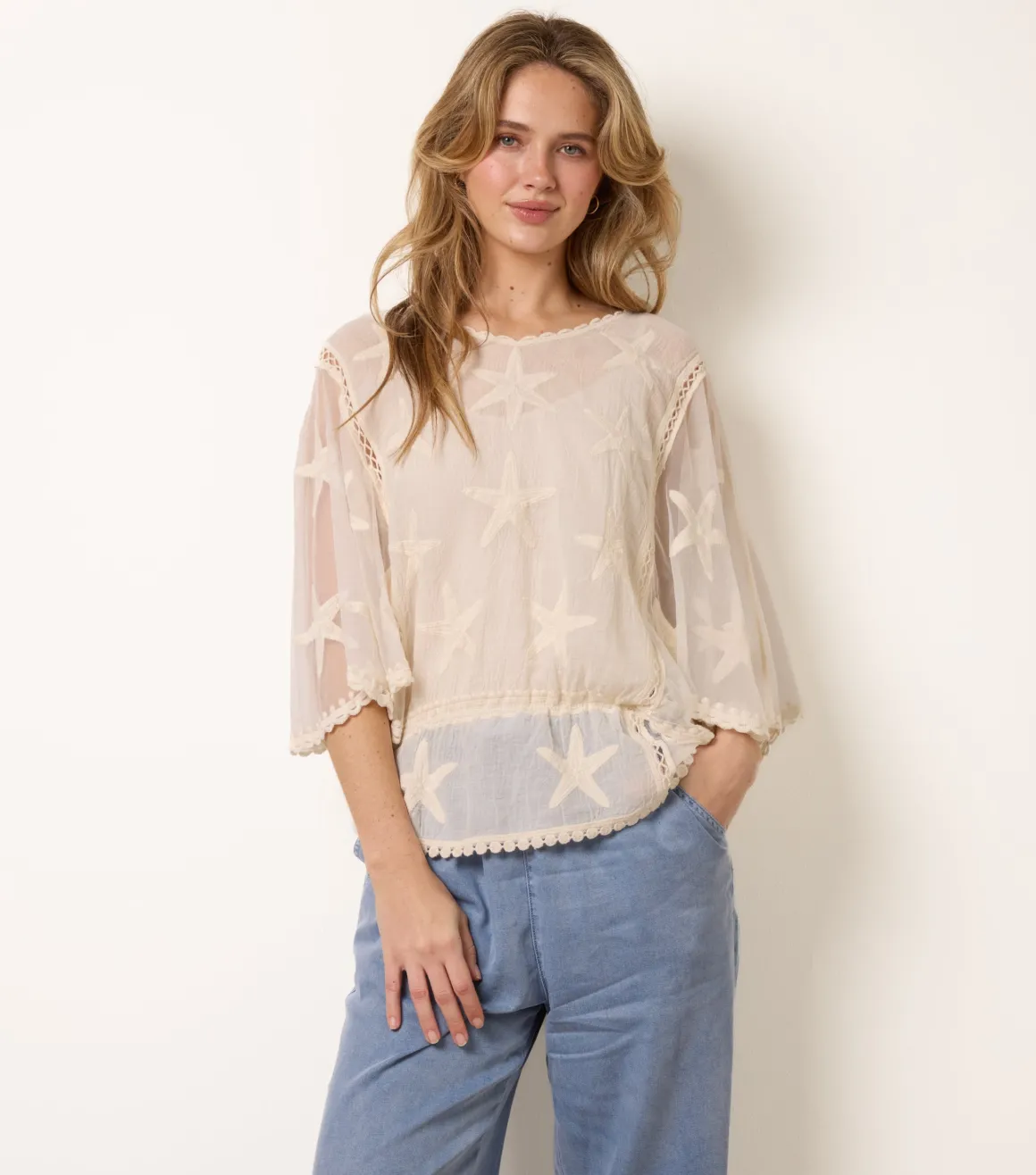 Star Fish Embroidered Butterfly Sleeve Blouse