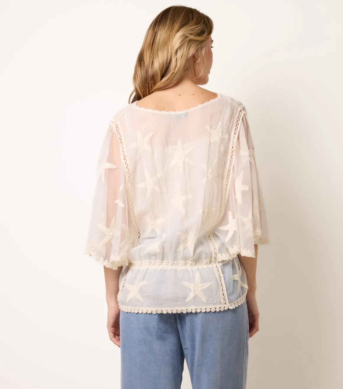 Star Fish Embroidered Butterfly Sleeve Blouse