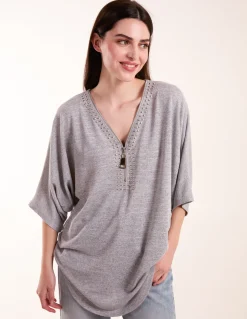 Studded Half Zip Front Top