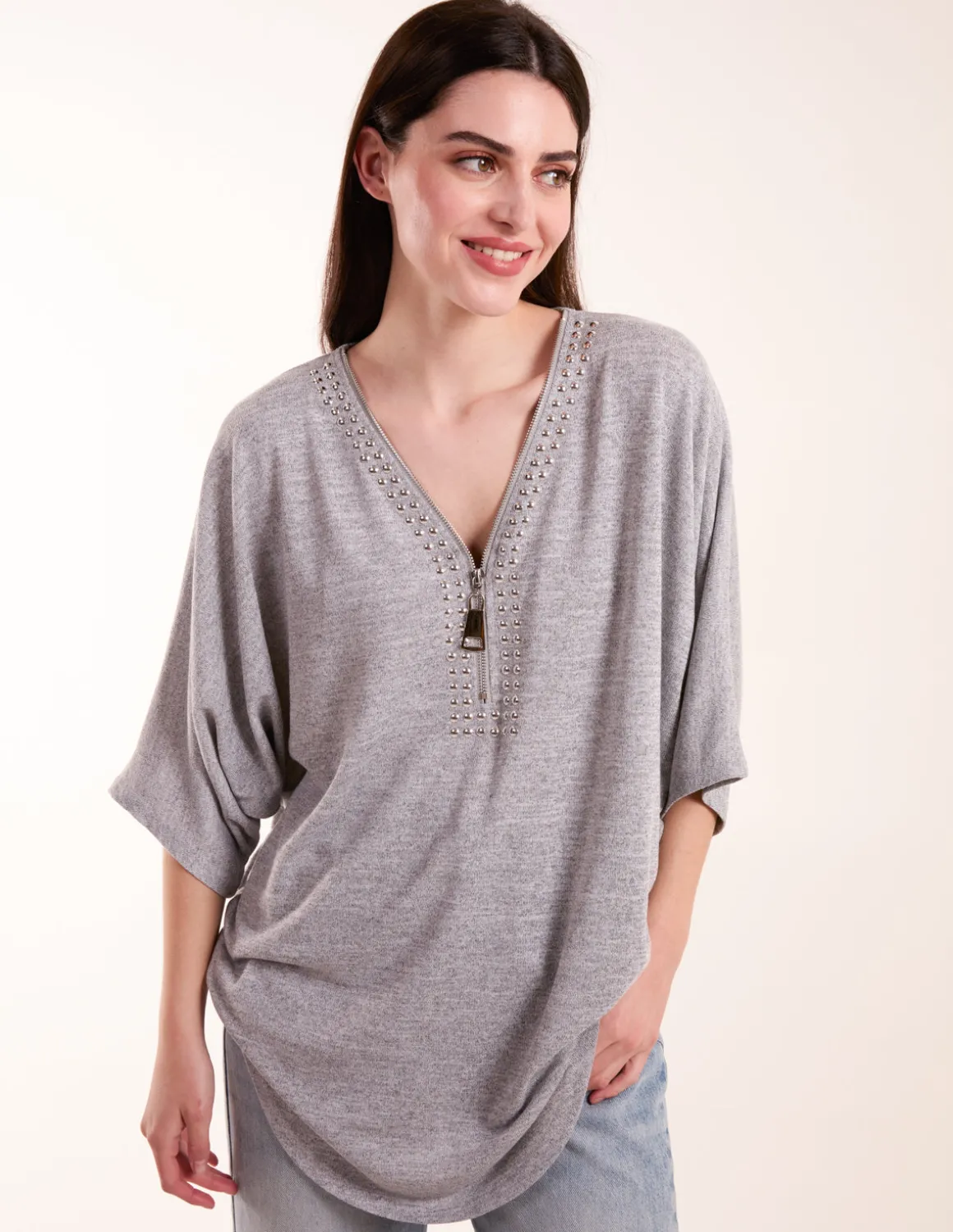 Studded Half Zip Front Top