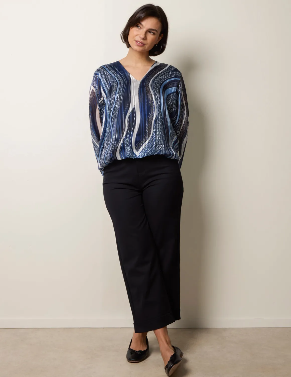 Swirl And Dot Print V Neck Metallic Blouse