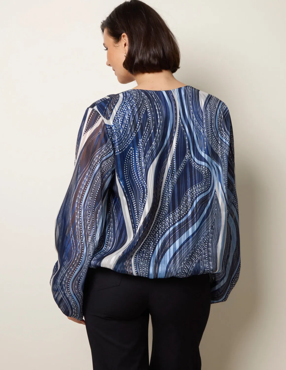 Swirl And Dot Print V Neck Metallic Blouse