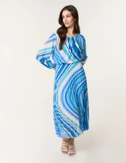 Swirl Print Pleated Round Neck Dress