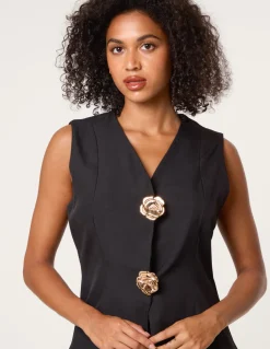 Tailored Flower Button Front Sleeveless Vest